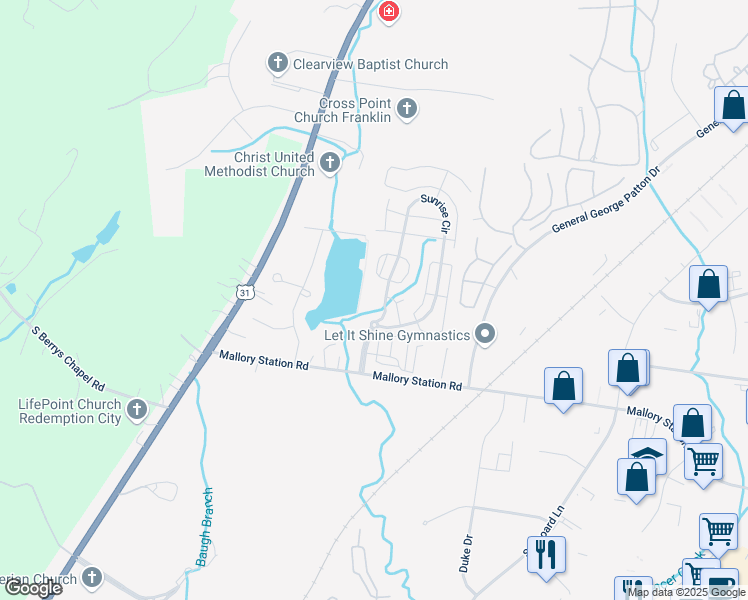 map of restaurants, bars, coffee shops, grocery stores, and more near 105 Sunrise Circle in Franklin