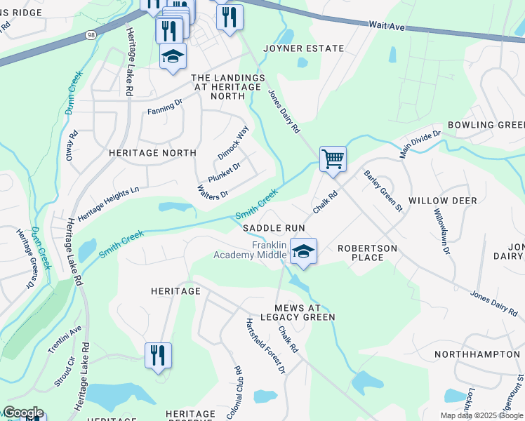 map of restaurants, bars, coffee shops, grocery stores, and more near 1609 Gracie Girl Way in Wake Forest