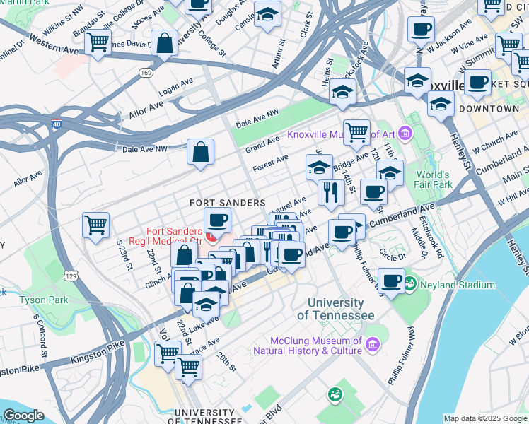 map of restaurants, bars, coffee shops, grocery stores, and more near S 17th St & Laurel Ave in Knoxville