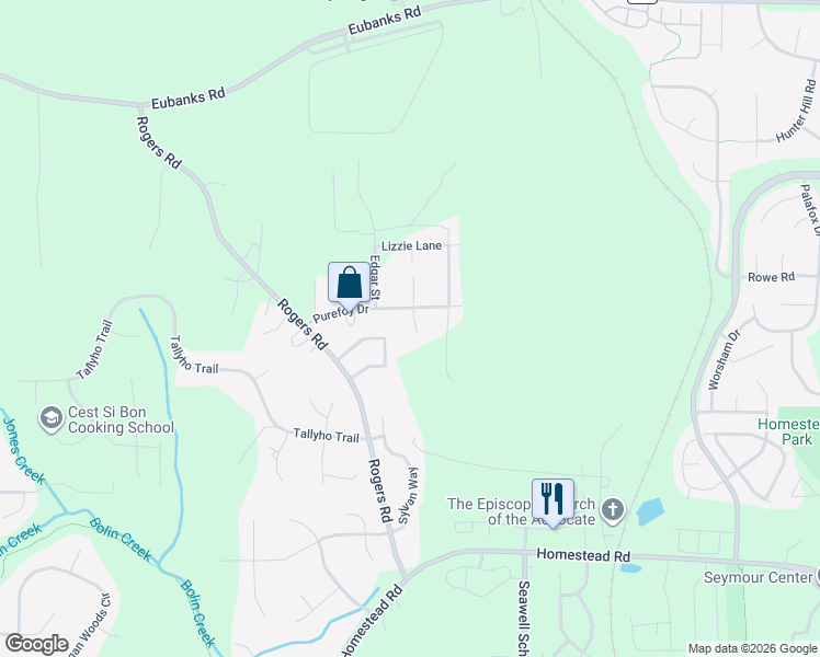 map of restaurants, bars, coffee shops, grocery stores, and more near 1717B Purefoy Drive in Chapel Hill