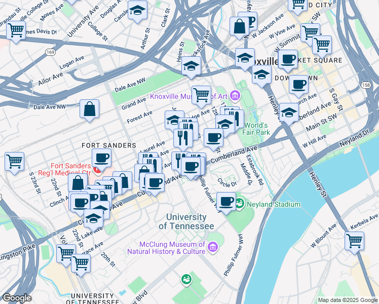 map of restaurants, bars, coffee shops, grocery stores, and more near 1519 White Avenue in Knoxville