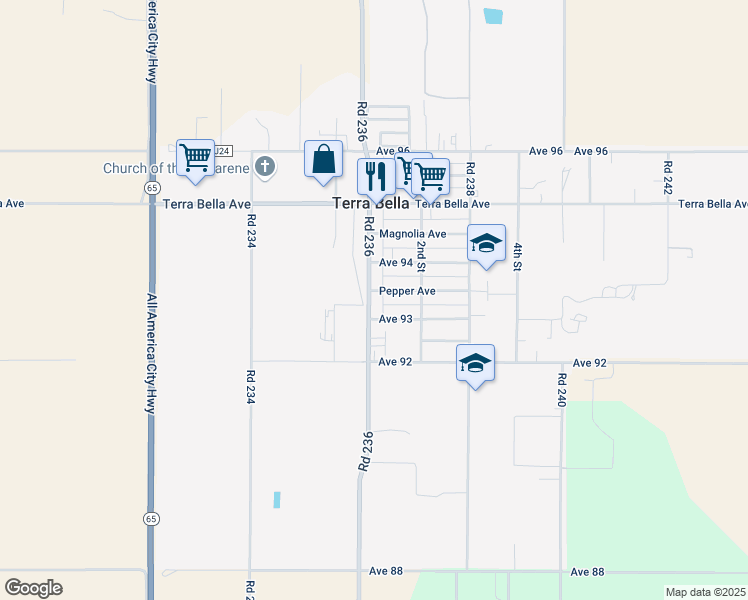 map of restaurants, bars, coffee shops, grocery stores, and more near 9330 Road 236 in Terra Bella