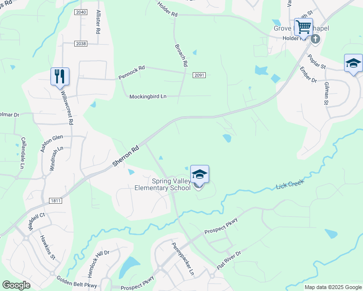 map of restaurants, bars, coffee shops, grocery stores, and more near 1213 Sherron Road in Durham
