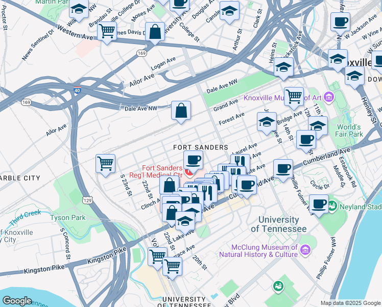 map of restaurants, bars, coffee shops, grocery stores, and more near 240 19th Street in Knoxville