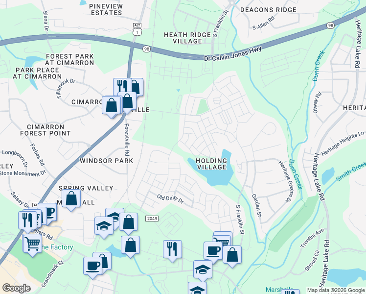 map of restaurants, bars, coffee shops, grocery stores, and more near 808 Abbyberry Drive in Wake Forest