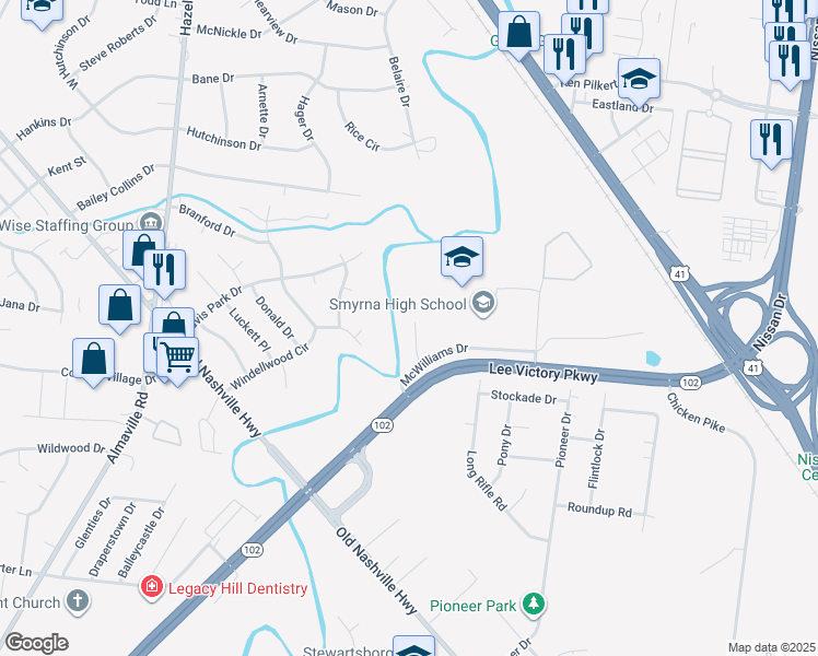 map of restaurants, bars, coffee shops, grocery stores, and more near 214 Stewarts Landing Circle in Smyrna