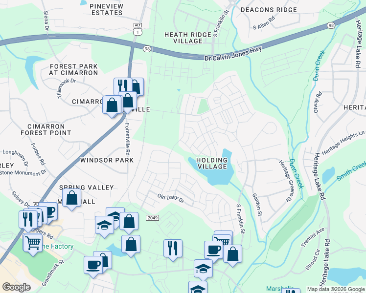 map of restaurants, bars, coffee shops, grocery stores, and more near 808 Abbyberry Drive in Wake Forest