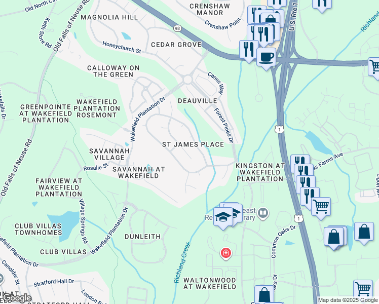 map of restaurants, bars, coffee shops, grocery stores, and more near 12016 Jasmine Cove Way in Raleigh