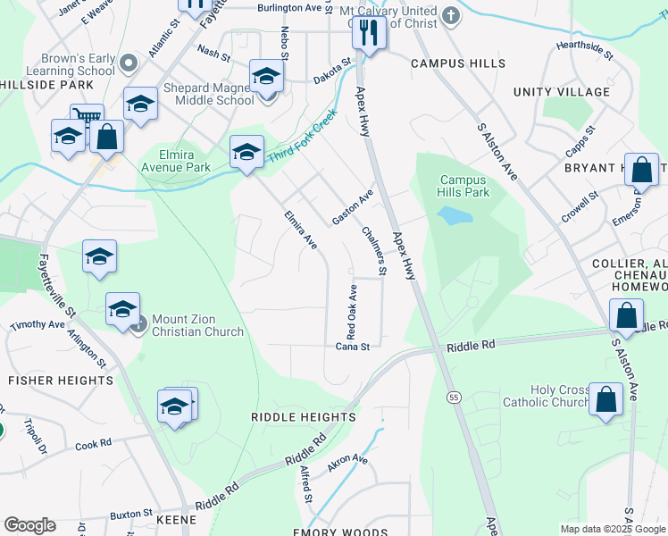 map of restaurants, bars, coffee shops, grocery stores, and more near 1019 Elmira Avenue in Durham