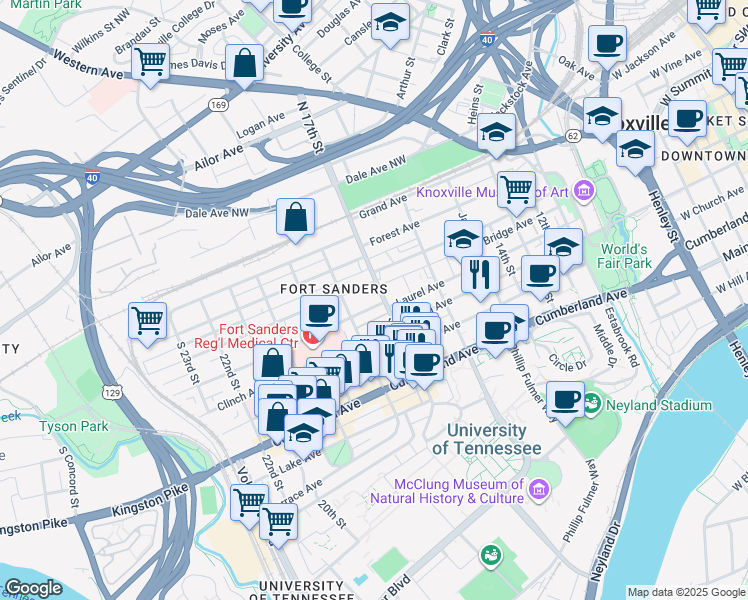 map of restaurants, bars, coffee shops, grocery stores, and more near 316 North 17th Street in Knoxville