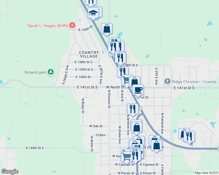map of restaurants, bars, coffee shops, grocery stores, and more near 28877 East 141st Street South in Coweta