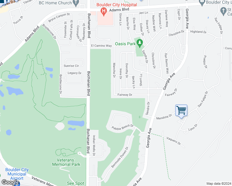 map of restaurants, bars, coffee shops, grocery stores, and more near 900 Fairway Drive in Boulder City