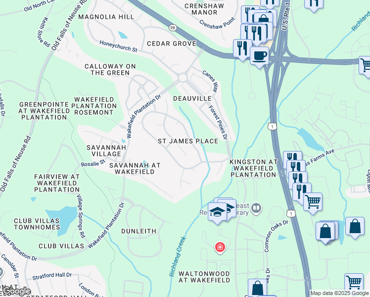 map of restaurants, bars, coffee shops, grocery stores, and more near 12016 Jasmine Cove Way in Raleigh