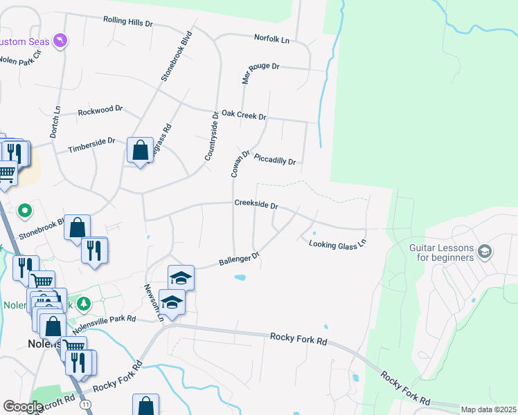 map of restaurants, bars, coffee shops, grocery stores, and more near 1258 Creekside Drive in Nolensville