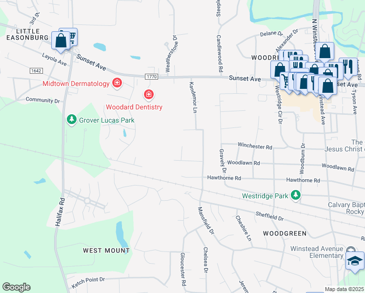 map of restaurants, bars, coffee shops, grocery stores, and more near 198 Tam O Shanter Drive in Rocky Mount
