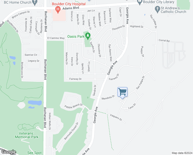 map of restaurants, bars, coffee shops, grocery stores, and more near 798 Fairway Drive in Boulder City
