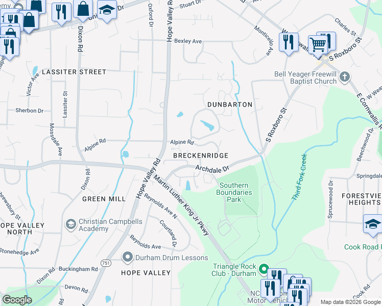 map of restaurants, bars, coffee shops, grocery stores, and more near 2231 Alpine Road in Durham
