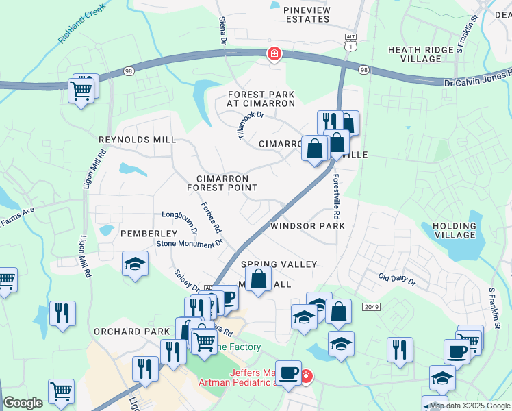 map of restaurants, bars, coffee shops, grocery stores, and more near 1446 Cimarron Parkway in Wake Forest
