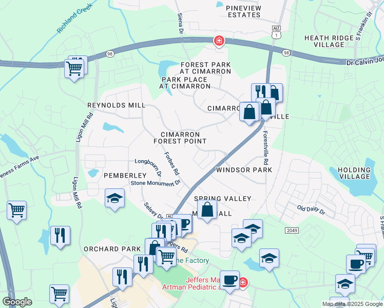 map of restaurants, bars, coffee shops, grocery stores, and more near 1424 Cimarron Parkway in Wake Forest