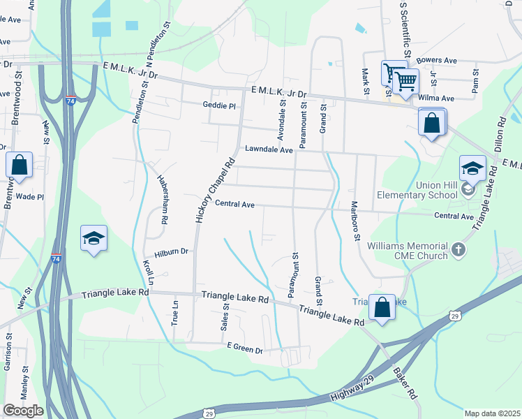 map of restaurants, bars, coffee shops, grocery stores, and more near 2816 Central Avenue in High Point