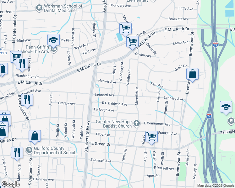 map of restaurants, bars, coffee shops, grocery stores, and more near 1409 Leonard Avenue in High Point