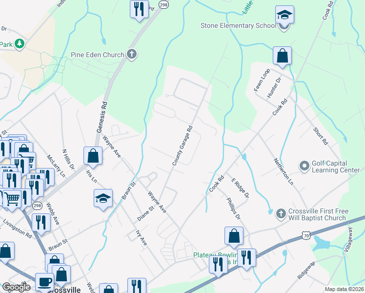 map of restaurants, bars, coffee shops, grocery stores, and more near 304 County Garage Road in Crossville