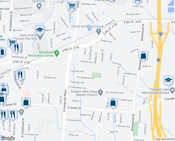 map of restaurants, bars, coffee shops, grocery stores, and more near 1409 Leonard Avenue in High Point
