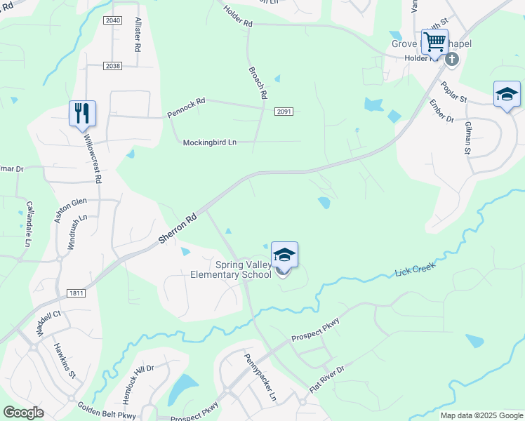 map of restaurants, bars, coffee shops, grocery stores, and more near 1213 Sherron Road in Durham
