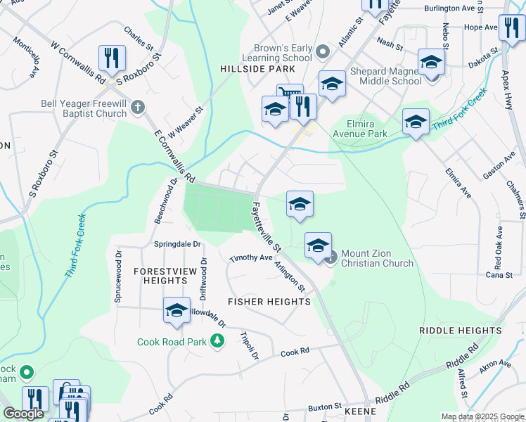 map of restaurants, bars, coffee shops, grocery stores, and more near 3305 Fayetteville Street in Durham