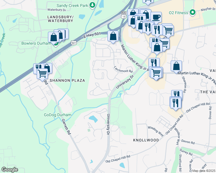 map of restaurants, bars, coffee shops, grocery stores, and more near 4600 University Drive in Durham