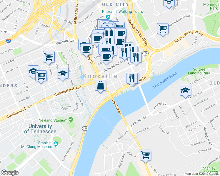 map of restaurants, bars, coffee shops, grocery stores, and more near 608w West Hill Avenue in Knoxville