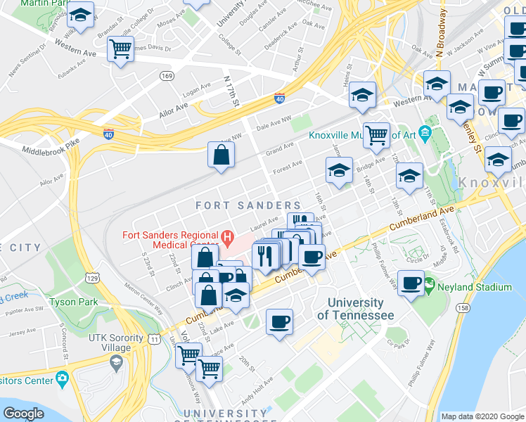 map of restaurants, bars, coffee shops, grocery stores, and more near in Knoxville