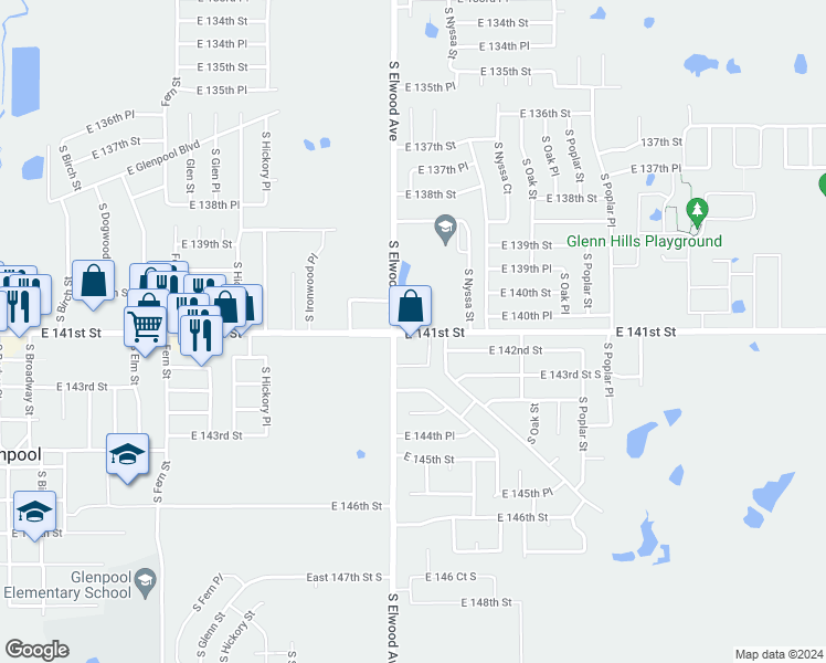 map of restaurants, bars, coffee shops, grocery stores, and more near 14132 South Nyssa Avenue East in Glenpool