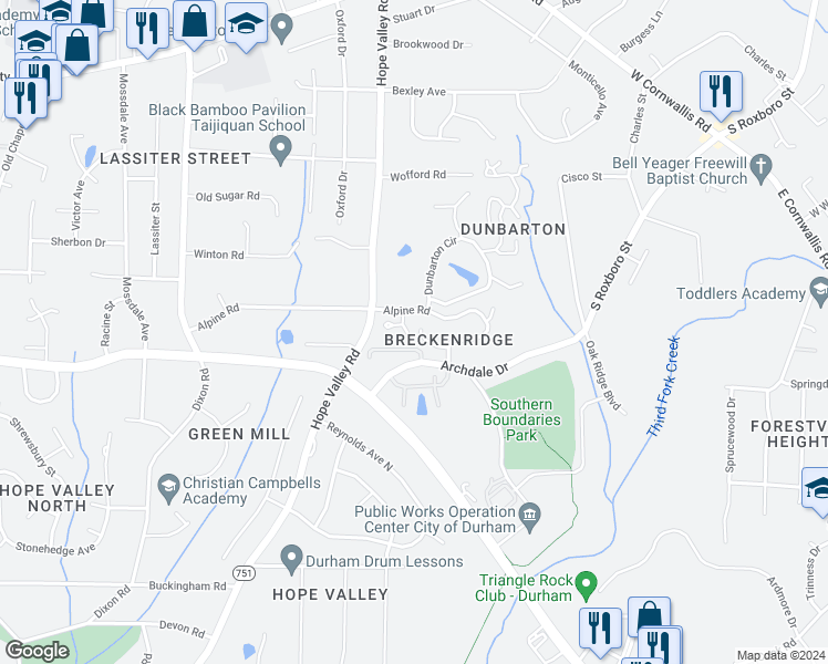 map of restaurants, bars, coffee shops, grocery stores, and more near 803 Inglenook Road in Durham