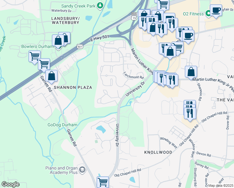 map of restaurants, bars, coffee shops, grocery stores, and more near 4600 University Drive in Durham