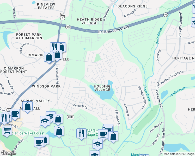 map of restaurants, bars, coffee shops, grocery stores, and more near 245 Friendship Chapel Road in Wake Forest