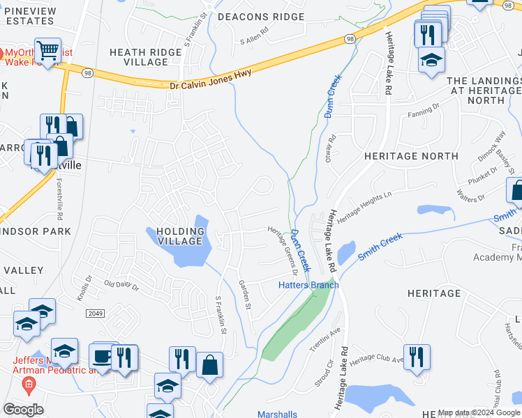 map of restaurants, bars, coffee shops, grocery stores, and more near 921 Coral Bell Drive in Wake Forest