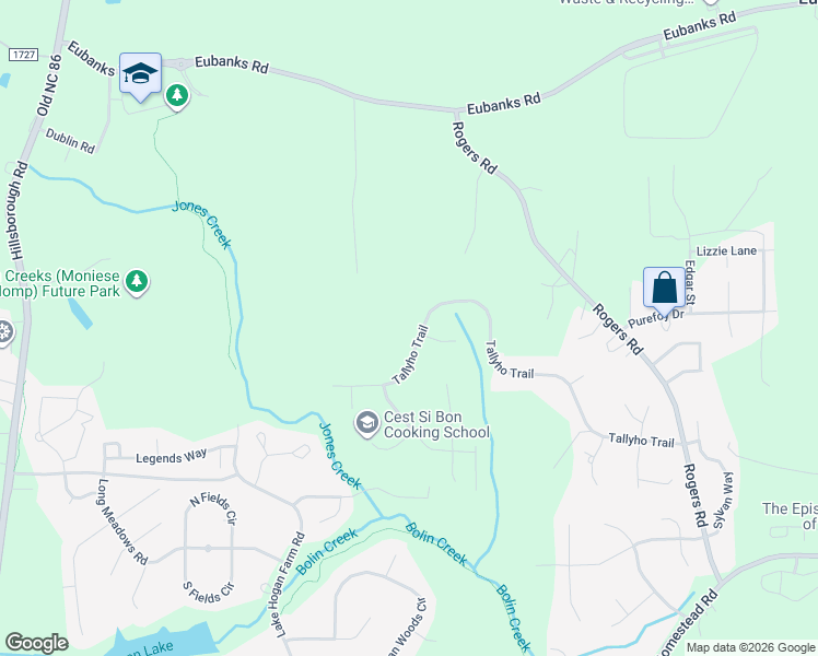 map of restaurants, bars, coffee shops, grocery stores, and more near 1102 Tallyho Trail in Chapel Hill