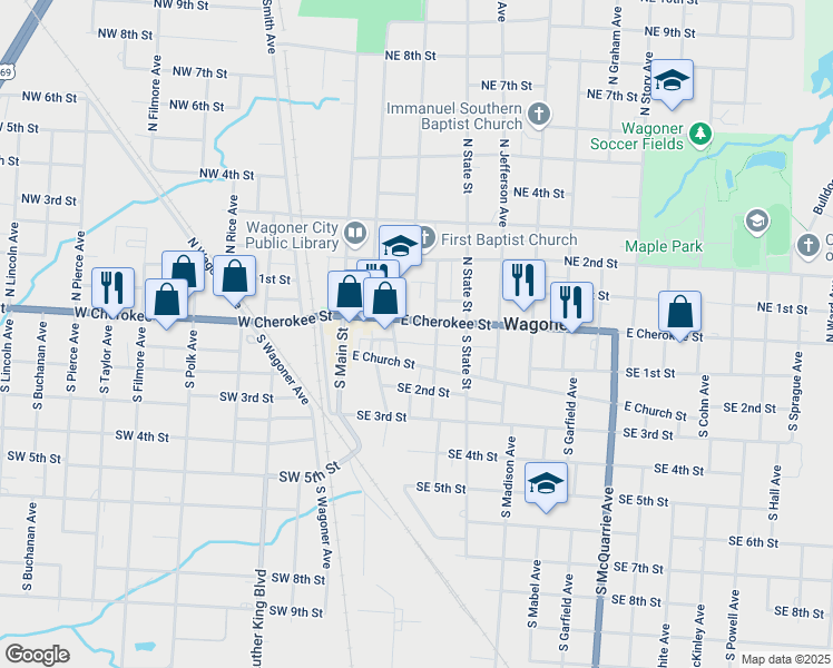 map of restaurants, bars, coffee shops, grocery stores, and more near 318 East Cherokee Street in Wagoner