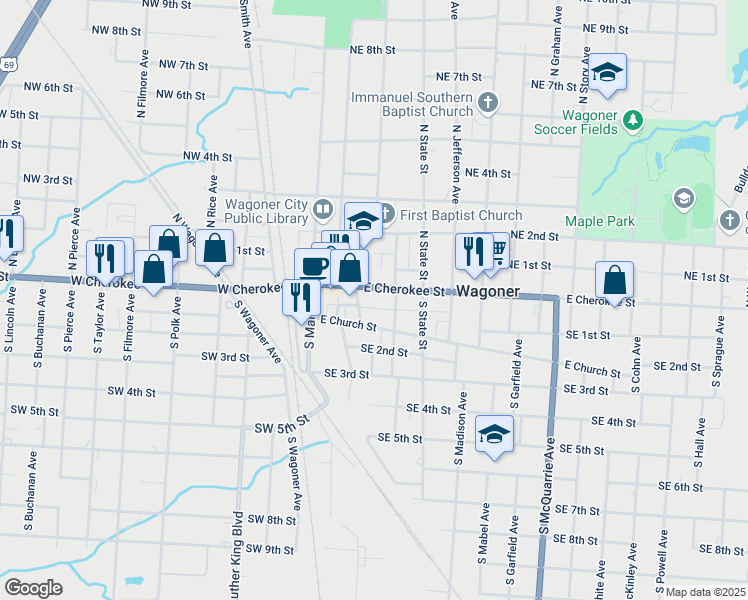 map of restaurants, bars, coffee shops, grocery stores, and more near 318 East Cherokee Street in Wagoner