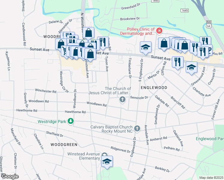 map of restaurants, bars, coffee shops, grocery stores, and more near 221 Tyson Avenue in Rocky Mount
