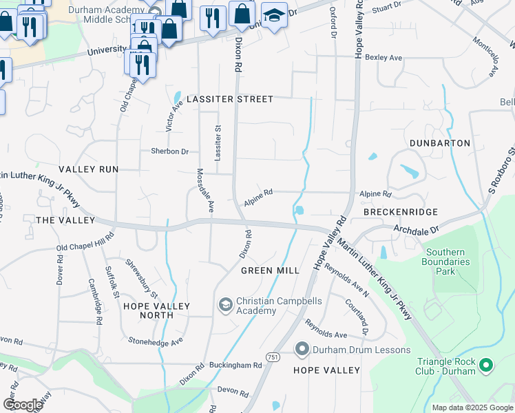 map of restaurants, bars, coffee shops, grocery stores, and more near 2515 Alpine Road in Durham