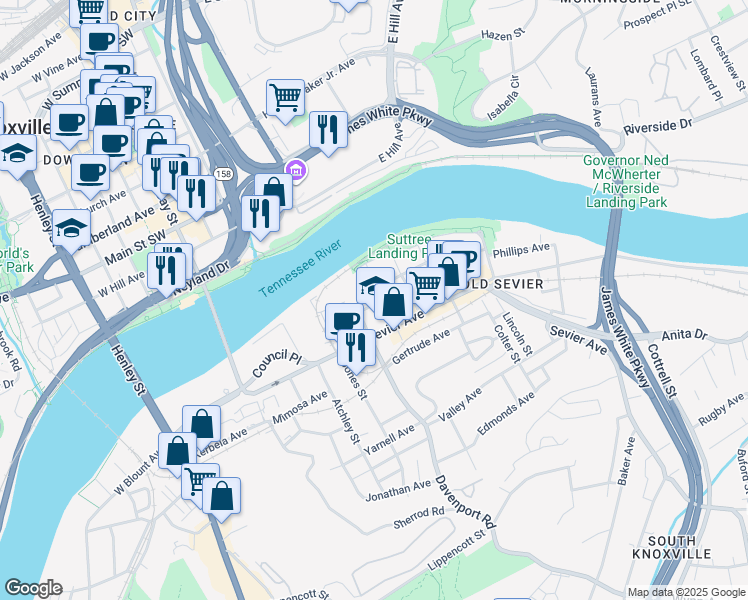 map of restaurants, bars, coffee shops, grocery stores, and more near 607 Phillips Avenue in Knoxville