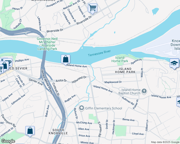 map of restaurants, bars, coffee shops, grocery stores, and more near 1823 Island Home Avenue in Knoxville
