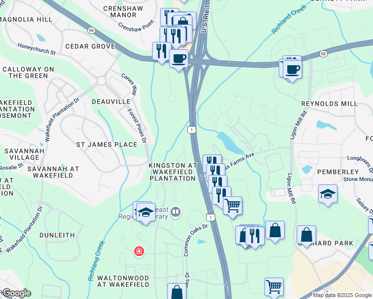 map of restaurants, bars, coffee shops, grocery stores, and more near 11944 Field Towne Lane in Raleigh
