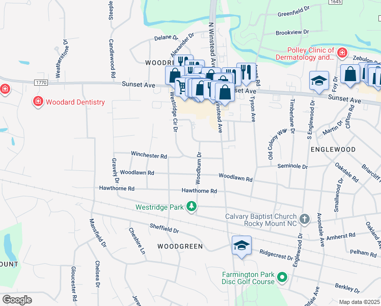 map of restaurants, bars, coffee shops, grocery stores, and more near 3604 Westridge Circle Drive in Rocky Mount