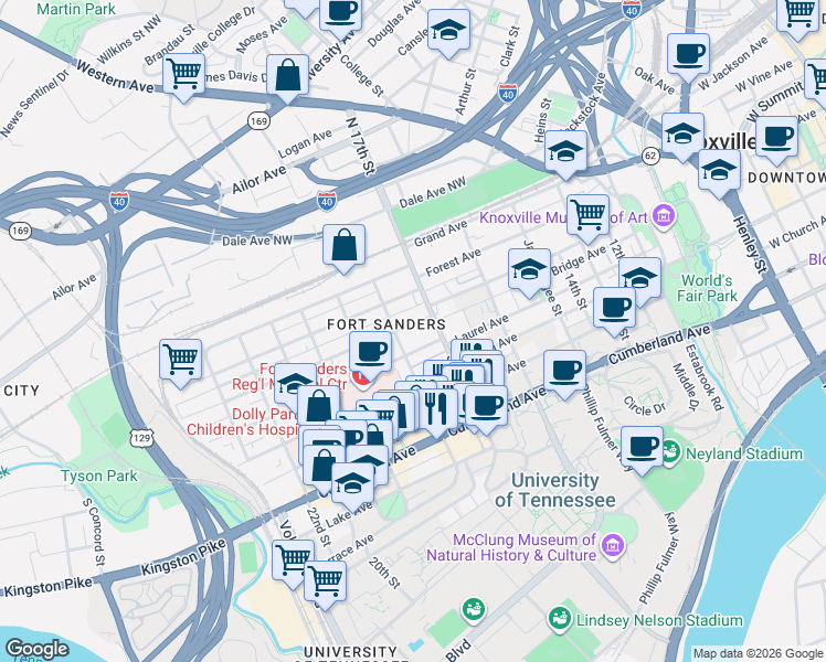 map of restaurants, bars, coffee shops, grocery stores, and more near in Knoxville