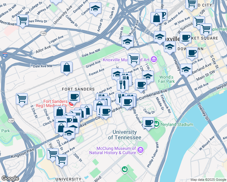 map of restaurants, bars, coffee shops, grocery stores, and more near 1547 Clinch Avenue in Knoxville