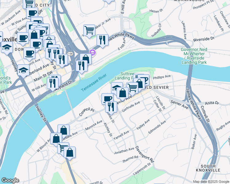 map of restaurants, bars, coffee shops, grocery stores, and more near 607 Phillips Ave in Knoxville