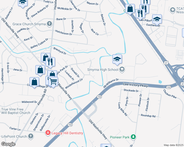 map of restaurants, bars, coffee shops, grocery stores, and more near 105 Suzinne Court in Smyrna